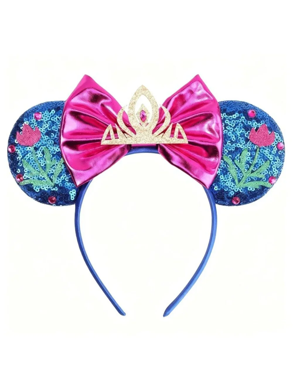 Women Pink-Blue Polyester Sparkle Sequin Mickey Mouse Hair Bow Handmade Headband